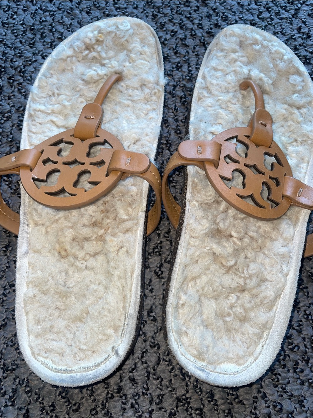 Tory Burch Tan Leather Logo Shearling Slide Sandals with Cream Footbed